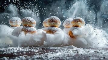 A group of powdered donuts surrounded by a misty, magical atmosphere. photo