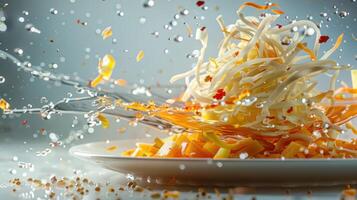 A dynamic splash of colorful ingredients on a plate, showcasing culinary creativity. photo