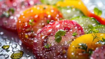 Close-up of colorful sliced tomatoes and cucumbers with droplets, highlighting freshness. photo