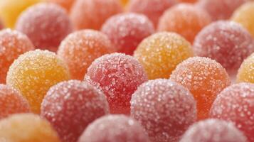 A close-up of colorful, sugar-coated gummy candies arranged in a vibrant display. photo