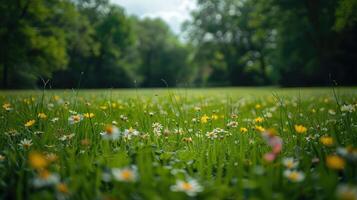 A vibrant field of wildflowers and grass under a soft, cloudy sky. photo