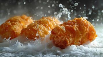 Crispy fried food pieces splashing in water, showcasing texture and cooking process. photo