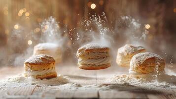 Fluffy biscuits dusted with flour, floating in a whimsical, dreamy setting. photo