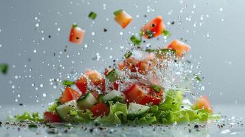 A vibrant salad with splashes of water, showcasing fresh ingredients. photo
