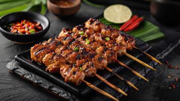 Grilled skewers of chicken served with dipping sauce and garnishes on a black plate. photo