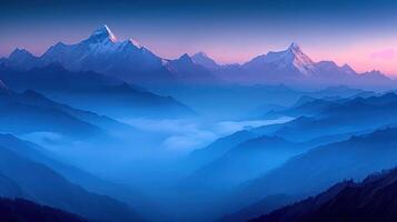 A serene mountain landscape at dawn, showcasing peaks bathed in soft light and mist. photo