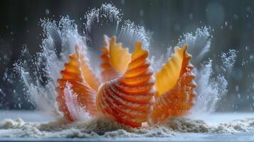 A vibrant pasta shell splashes into flour, creating a dynamic culinary scene. photo