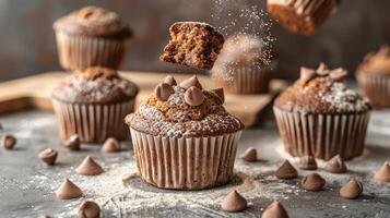 A delightful arrangement of chocolate muffins, some with chocolate chips, on a textured surface. photo
