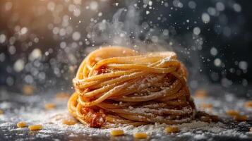 A steaming plate of spaghetti topped with cheese and surrounded by pine nuts and flour. photo