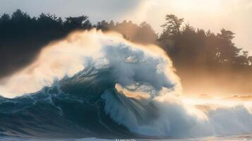 A powerful ocean wave crashing against the shore, illuminated by soft sunlight. photo