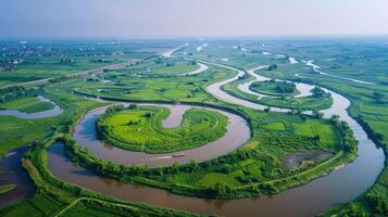 Aerial view of a winding river through lush green fields and landscapes. photo