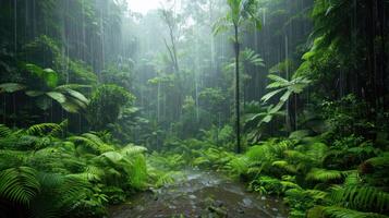Lush rainforest scene with dense foliage and a gentle stream under rainfall. photo