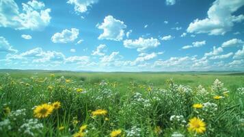 A vibrant landscape featuring colorful flowers under a bright blue sky with fluffy clouds. photo