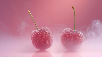 Two frosted cherries with green stems surrounded by mist on a pink background. photo