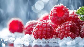 Fresh raspberries on a snowy surface with a blurred background. photo