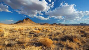 A vast desert landscape with mountains, clouds, and dry vegetation under a bright blue sky. photo