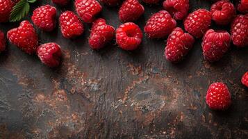 A close-up of fresh raspberries arranged on a rustic surface. photo