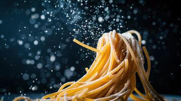 A close-up of uncooked spaghetti with a dusting of flour against a dark background. photo