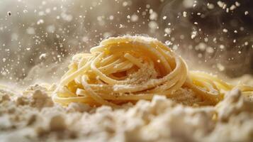 A close-up of spaghetti with flour, highlighting a culinary scene. photo
