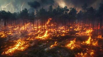 A dramatic forest fire consuming trees, with dark clouds and lightning in the background. photo