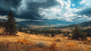 A dramatic landscape with rolling hills, dark clouds, and patches of golden grass and trees. photo
