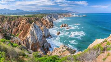 Scenic coastal view with cliffs and ocean waves under a blue sky. photo