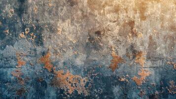 A textured surface featuring a blend of blue and gold tones with peeling layers. photo