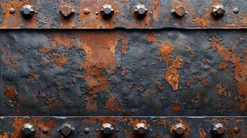 A close-up of a weathered metal surface with rust and bolts, showcasing industrial texture. photo