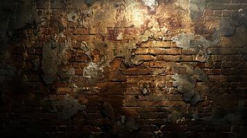 A textured wall with peeling paint and exposed bricks, showcasing age and wear. photo