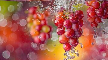 Grapes splashing in water with a colorful blurred background. photo