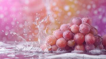 A cluster of grapes splashing in water against a colorful background. photo
