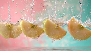 Slices of apples splashing into water, creating a vibrant and refreshing scene. photo