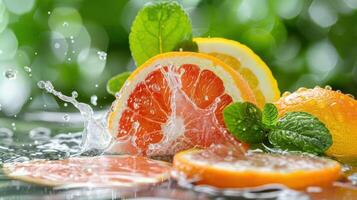 Fresh citrus slices with mint leaves splashing in water, showcasing vibrant colors and freshness. photo