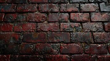 A close-up view of a weathered red brick wall with water droplets and texture details. photo