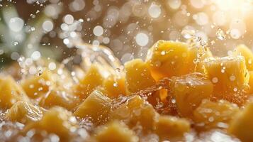 Close-up of pineapple chunks splashing in water, creating a refreshing and vibrant scene. photo