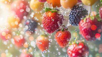 A vibrant display of fresh strawberries and other fruits splashing in water. photo