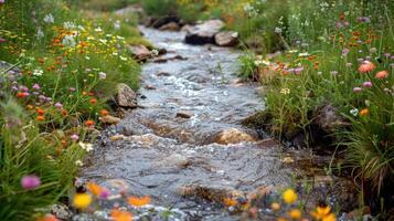 A serene stream flows through a vibrant meadow filled with colorful wildflowers. photo
