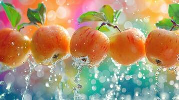A vibrant display of apples with water splashes against a colorful background. photo
