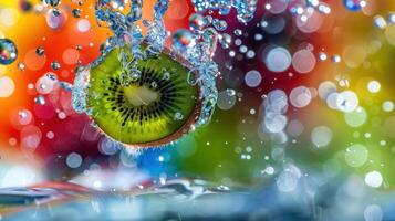 A vibrant kiwi slice splashes into water, creating a colorful and dynamic scene. photo