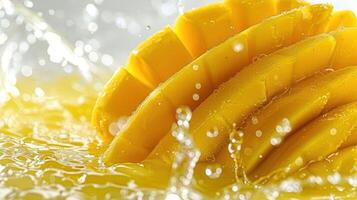 Close-up of sliced mangoes splashing in water, showcasing freshness and vibrant color. photo