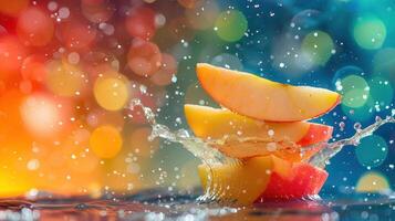 Slices of apples create a splash in water against a colorful, bokeh background. photo