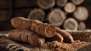 A close-up of tamarind pods and brown sugar on a rustic fabric background. photo