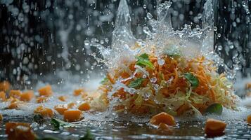 A vibrant salad with splashing water, showcasing freshness and culinary art. photo