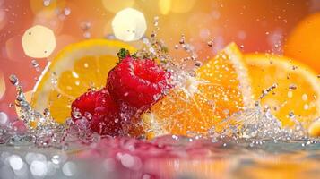 Vibrant fruit splash with raspberries and oranges in water, creating an energetic visual effect. photo