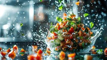 A vibrant salad splashes as fresh ingredients are tossed, showcasing a dynamic culinary moment. photo