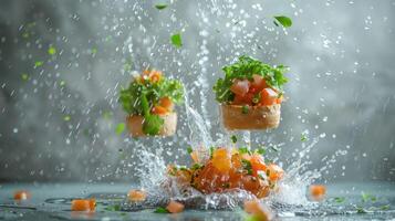 Fresh ingredients splash in a dynamic food presentation, highlighting culinary creativity. photo