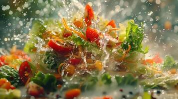 A vibrant salad splashes as water cascades over fresh vegetables, emphasizing freshness. photo