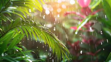 Lush greenery with rain droplets creating a serene, refreshing atmosphere. photo
