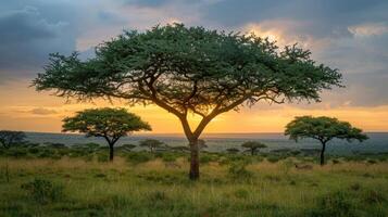 A serene landscape featuring acacia trees against a sunset backdrop in a savanna setting. photo