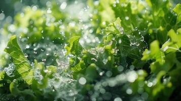 Close-up of fresh lettuce leaves with water droplets, highlighting freshness and vitality. photo